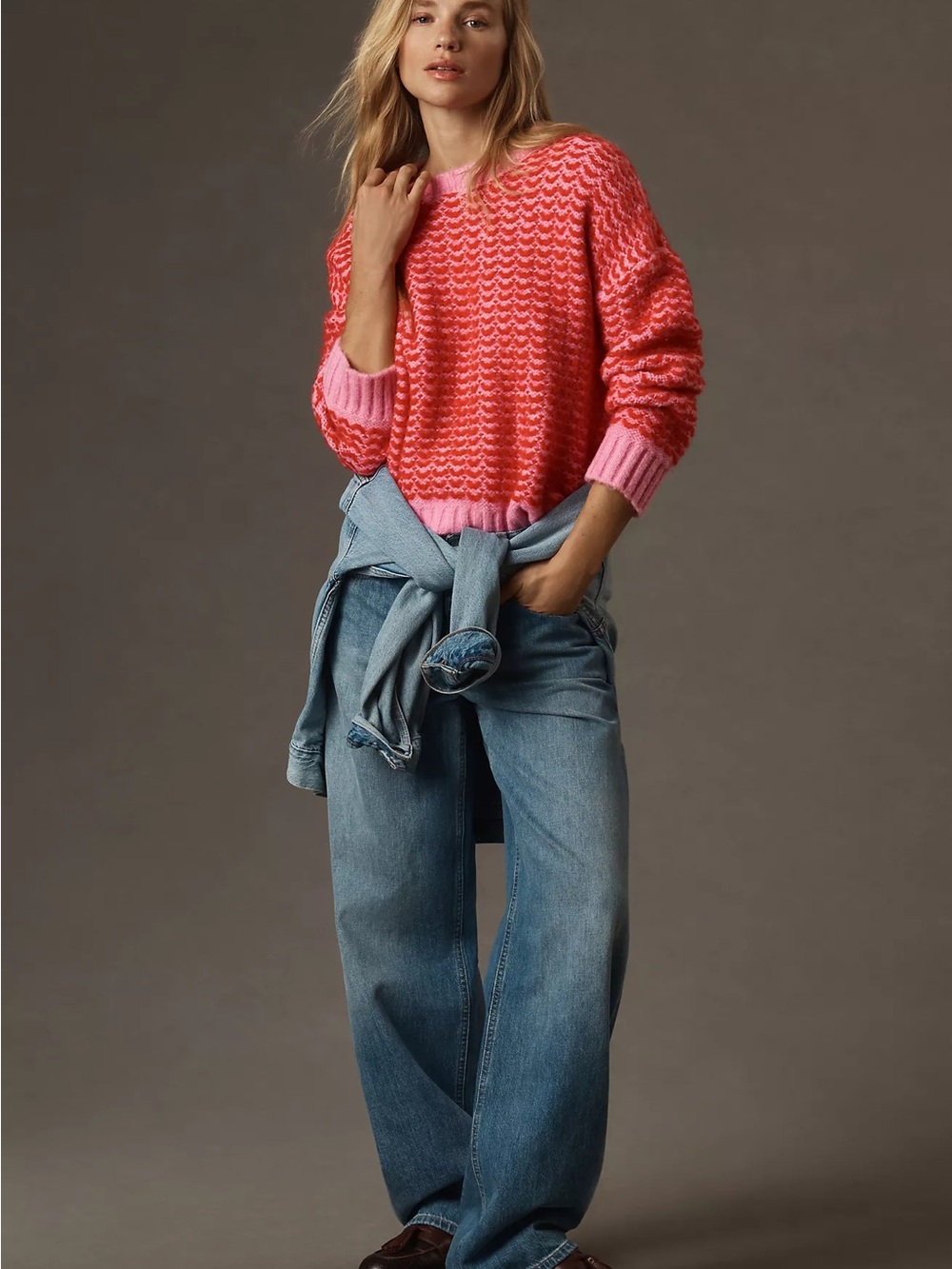 ANTHROPOLOGIE Lili Sidonio Pink Red Two-Tone Knit Sweater Womens Crewneck Small - Picture 4 of 8